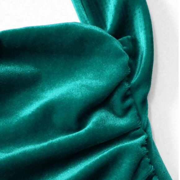 Emerald Green Velvet Halter Mermaid Dress – Ruched Bodycon Formal Gown - Picture 8 of 12